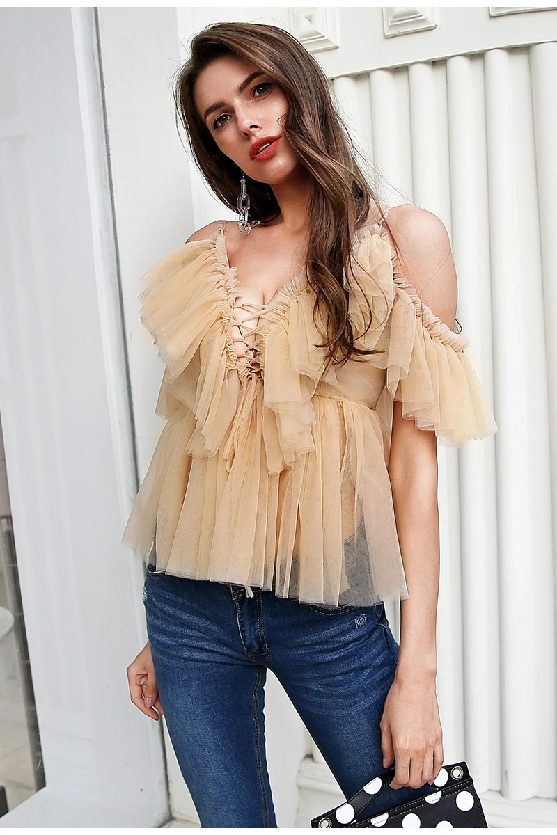 Simplee V neck strap boho mesh blouse shirt women Ruffle short sleeve elegant peplum tops Summer lace up ladies sexy blusas 2019