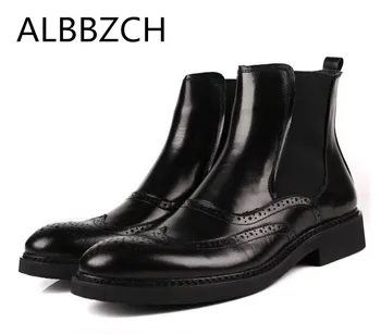 

Fashion chelsea carving genuine leather men boots wedding dress shoes round toe slip on business work ankle boots size US 5-10