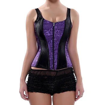 

Purple Jacquard & Black Satin Strap Gothic Corset Zipper Korsett For Women Sexy Corpetes E Corselet Overbust Corsage Bustier Top