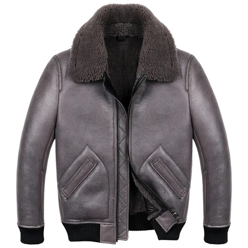 B3 B6 Mens Sheepskin Bomber Jacket Mens Sheepskin Shearling Coat Fur Coat Gray Colorin Genuine