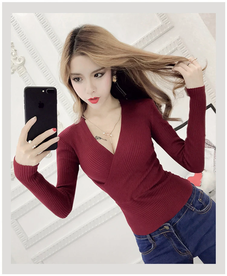 WWENN вязаный свитер женские пикантные v-образным вырезом Для женщин свитера и пуловеры с длинными рукавами в Корейском стиле тянуть роковой