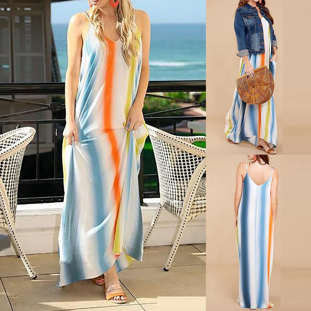 

Vestidos 2019 Women's Dresses Spring Summer Dress Women's Summer Ladies Striped Sling Gradient Beach Maxi Dress