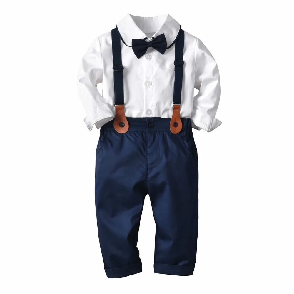 

Oklady Gentleman Boy Dress Suit Cotton T-shirt Top + Strap Jeans Suit Roupa de menino Children Clothes Set Toddler Boy Clothes