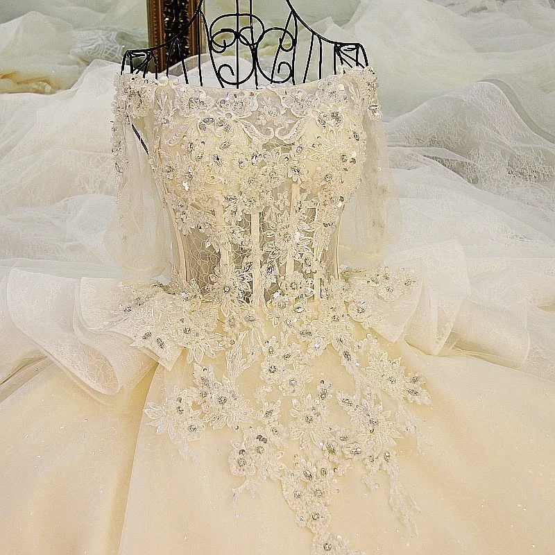 LS01178 свадебное платьесамые последние платья венчания шампанского от плеча bling вышитый бисером rhinestone шарик платья пухлые мантии кружева свадебное платье