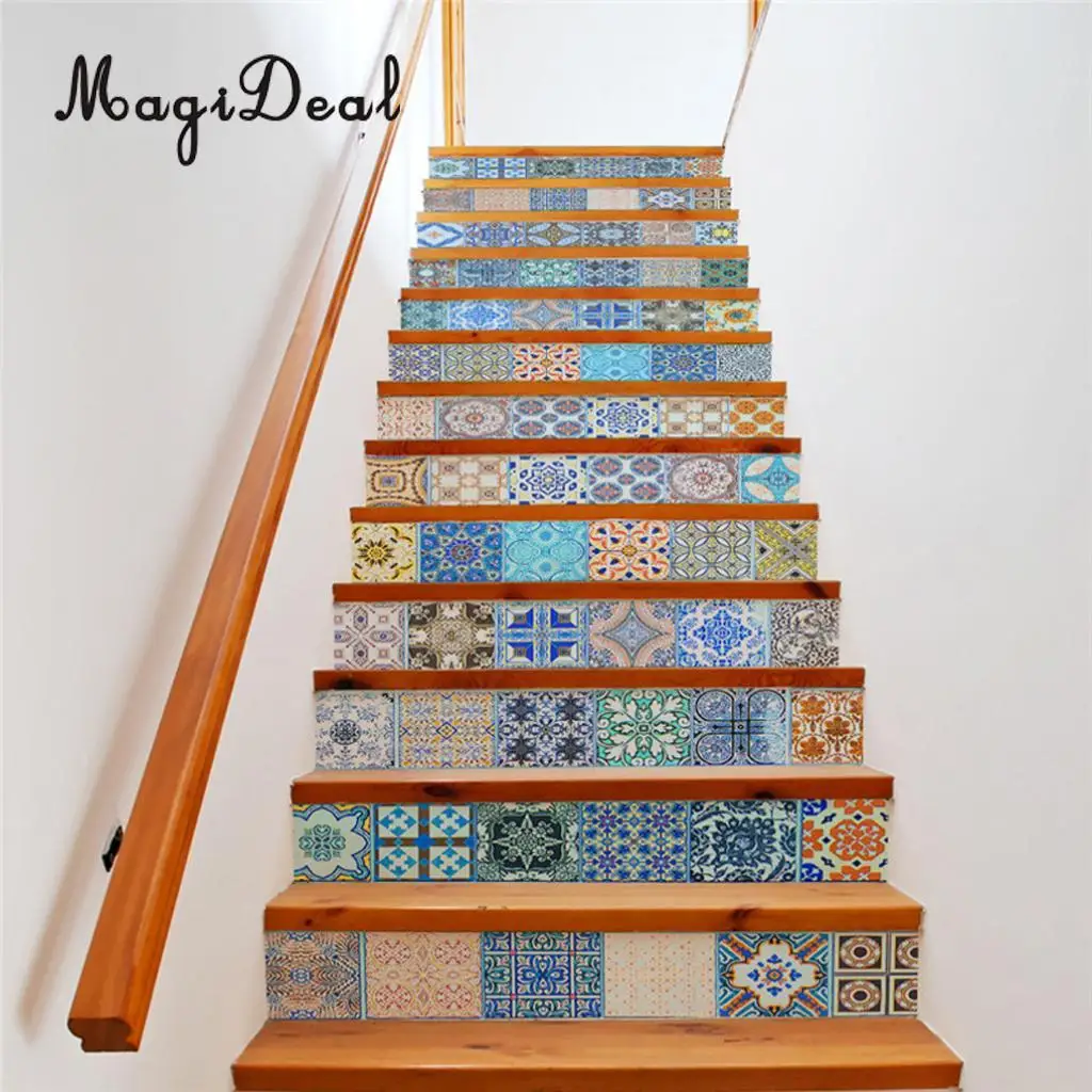 13Pcs 3D DIY Tile Stairs Stickers Removable Waterproof Wallpaper Stickers Self-adhesive Stair Riser for Stairway or Home Decor