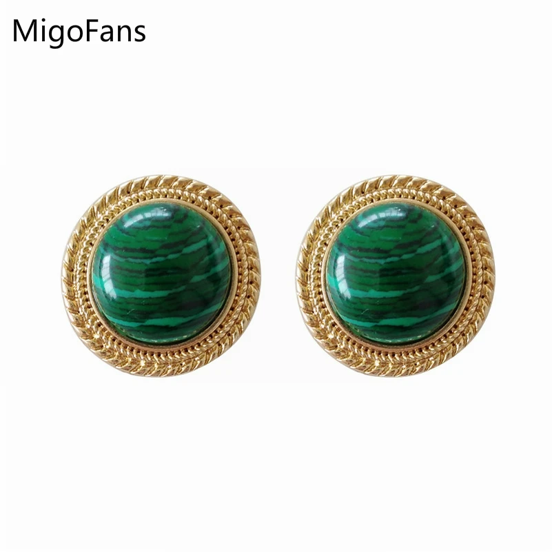 

New Coming Vintage Stylish Green Pattern Stone Round Stud Earrings for Women Geometric Simple Bohemia Button Earrings