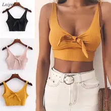 2018 Sexy Pure Color Spaghetti Strap Crop Top Women Back Bow Cami Top Vest Summer Female Beach Casual Slim Fit Tank Tops Tees color block crop cami top with shorts