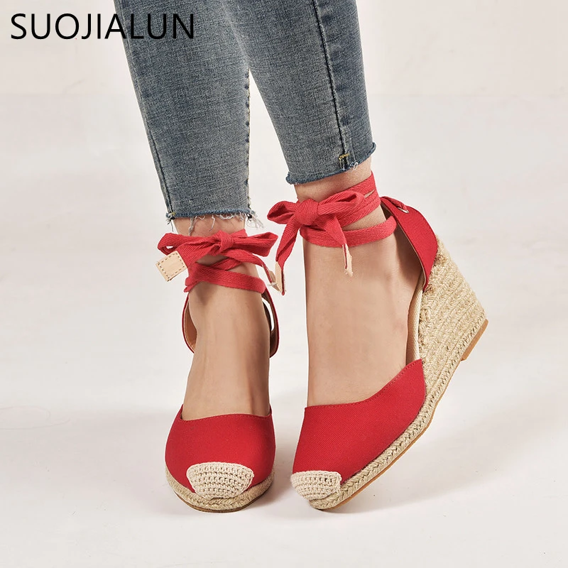 

SUOJIALUN 2019 Spring Summer Women Casual Linen Canvas Wedge Sandals Close Toe Ankle Strap Med Heel Ladies Platform Pump Shoes