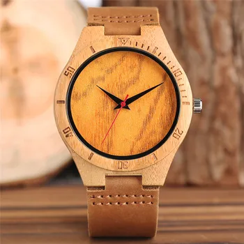 

Creative Wood Watch Quartz Men Casual Brown Leather Band Handmade Bamboo Wristwatch Modern Fashion Women Yellow Green Clock New