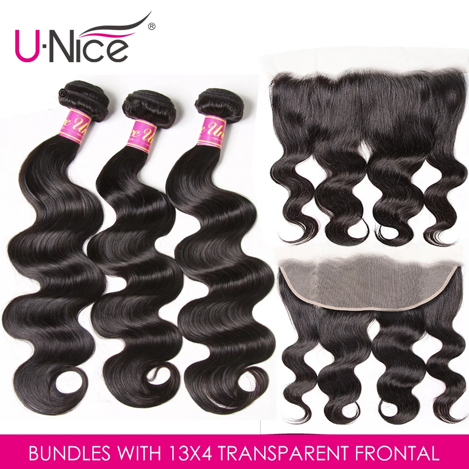 

UNice Hair Brazilian Body Wave Transparent Lace Frontal Closure With 3 Bundles 13x4 Human Hair Bundles Lace Closure 4PCS