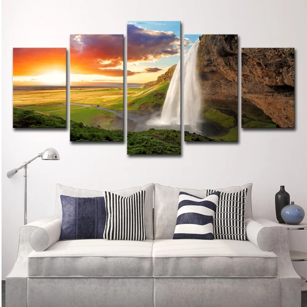 5P2257-HD Print 5 piece Painting Sunset waterFall Group Canvas Print room decor print poster picture canvas Free shipping (3) 