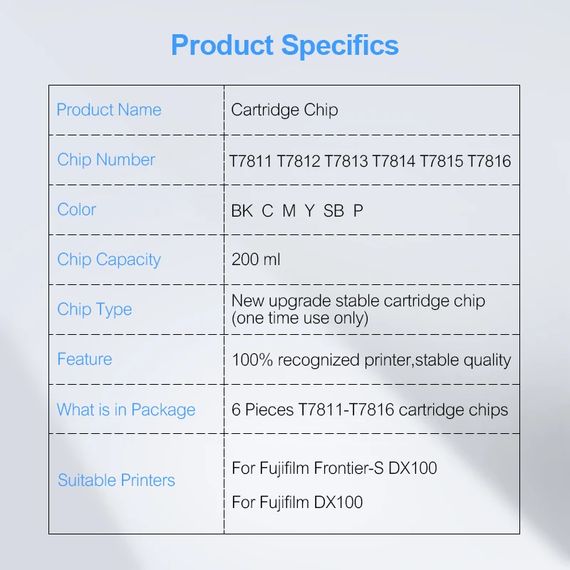 6 цветов/Набор Новое обновление T7811-T7816 чернильный картридж чип для Fujifilm Frontier-S DX100 Fuji DX100 принтер T7811 картриджи чипы