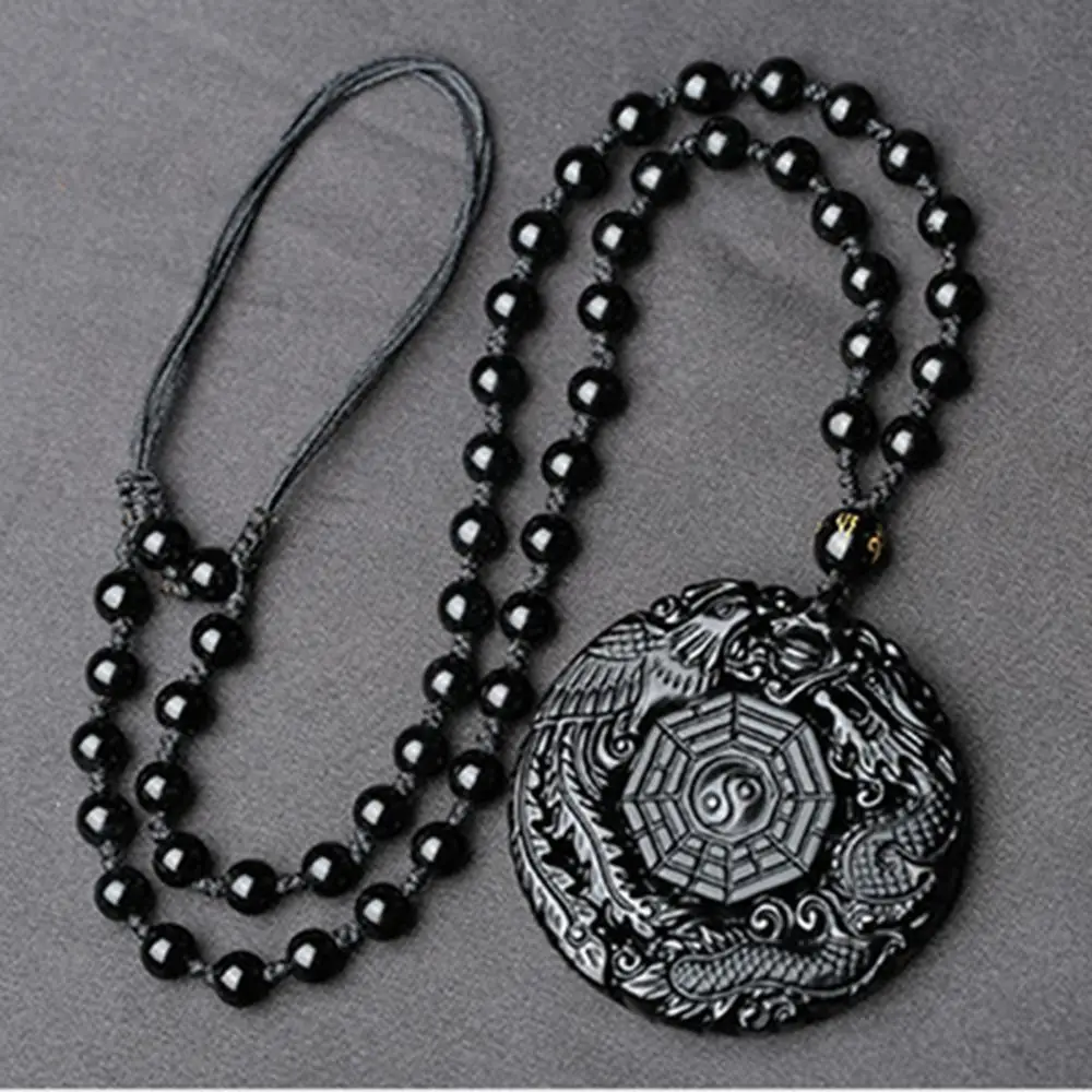 

New Black Obsidian Natural Stone Carved Chinese BAGUA Pendant Necklace With Beads Chain TaiJi Yin Yang Lucky Amulet Jewelry Gift