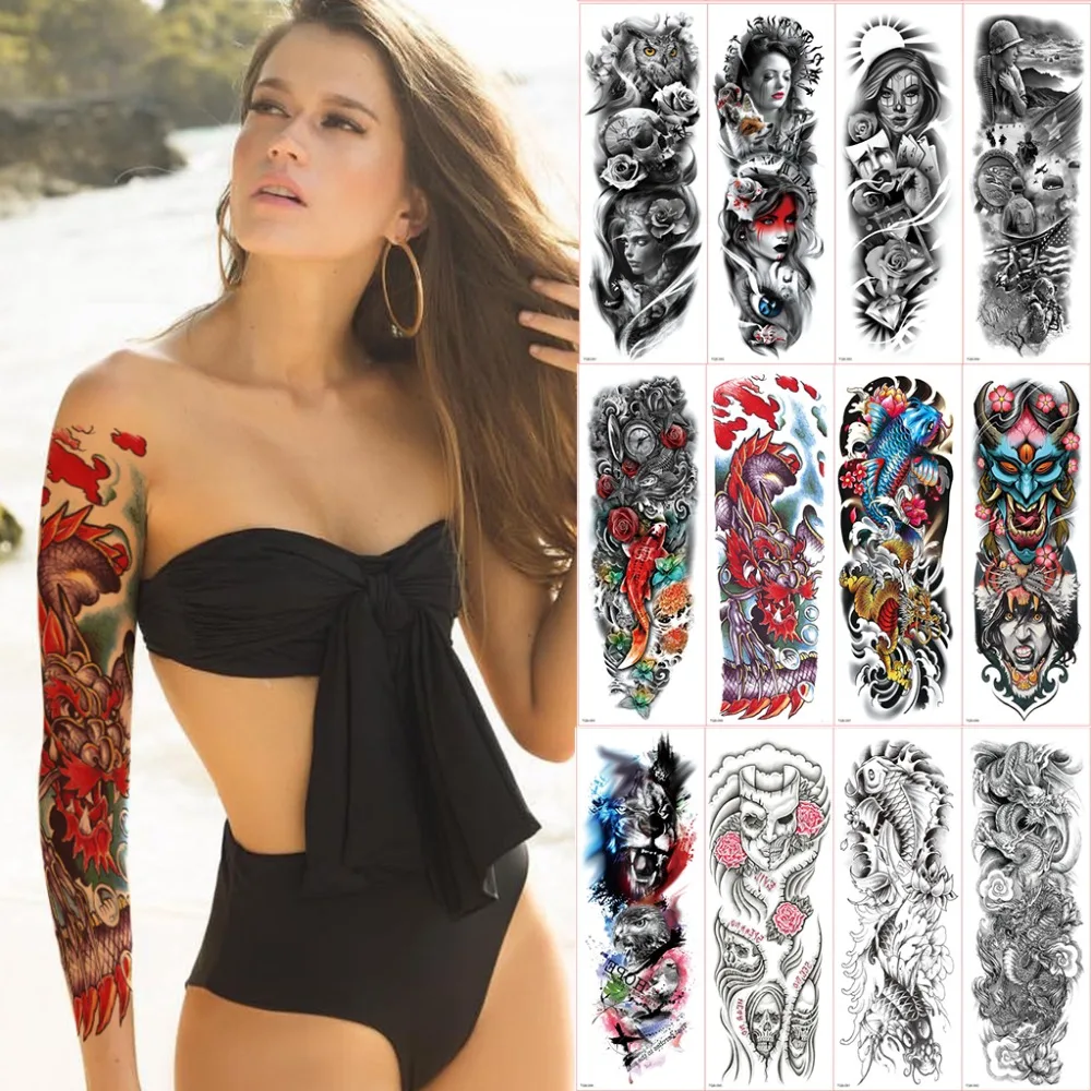 

Waterproof Temporary Tattoo Sticker Full Arm Large Skull Old School Tatoo Stickers Fake Tattoos for Men Women Tattoo Long Sleeve
