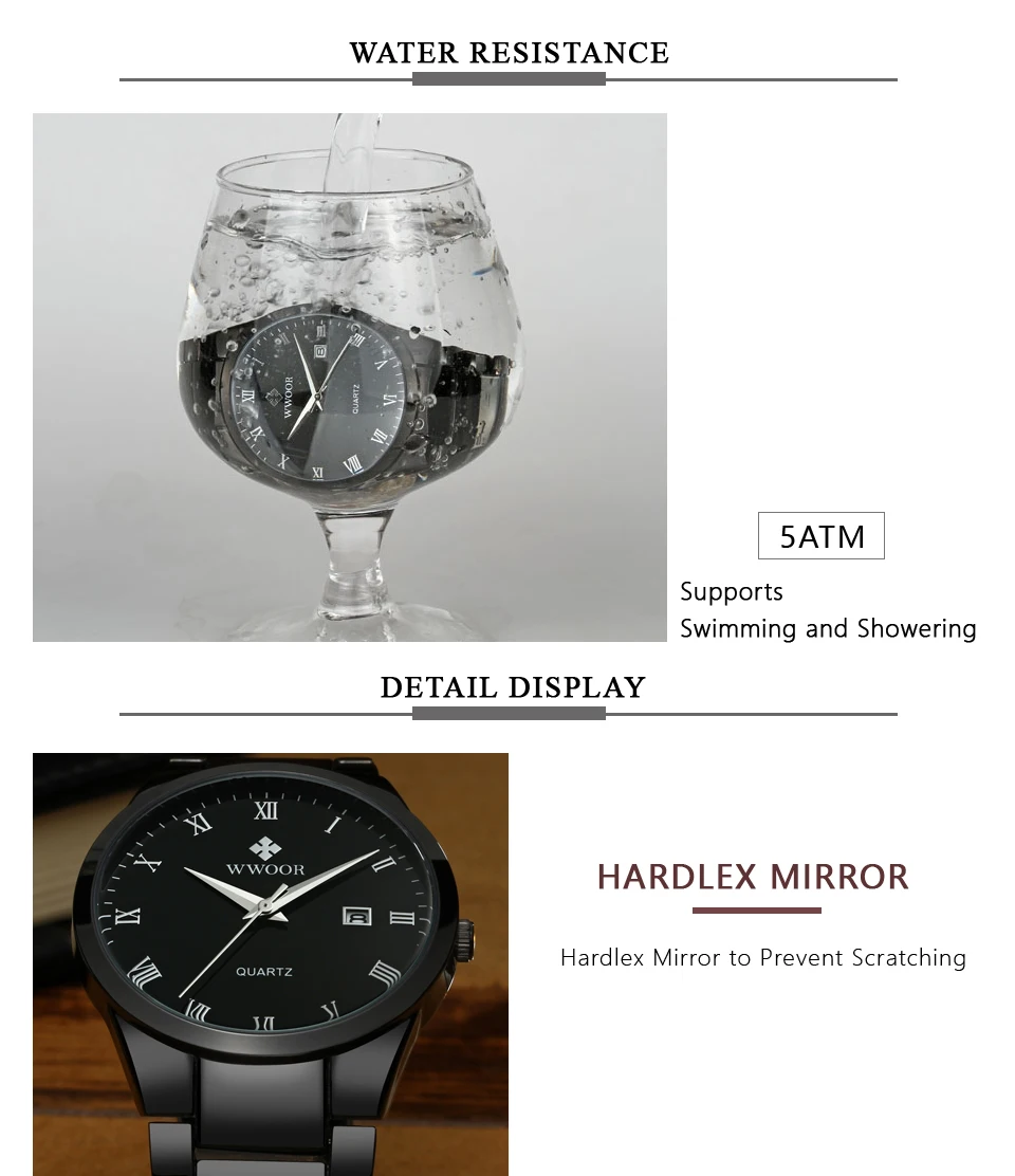 WWOOR Лидирующий бренд, роскошные мужские водонепроницаемые спортивные часы из нержавеющей стали, мужские кварцевые аналоговые часы с датой, мужские наручные часы с черным ремешком