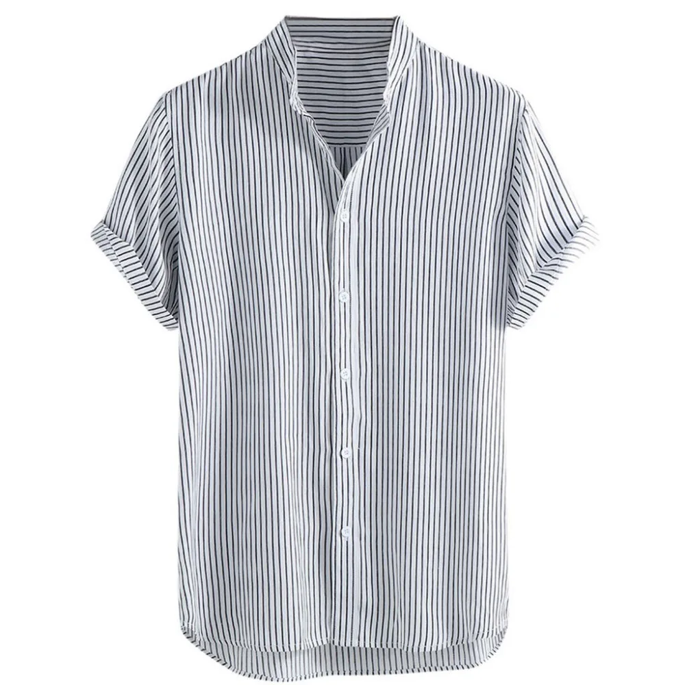 2019 men's stand collar striped summer short-sleeved running T-shirt loose buckle casual sports shirt short sleeve outdoor 40J11 (4)