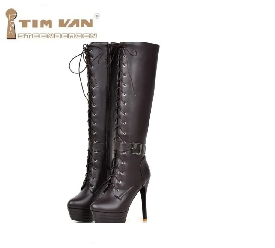 

New Women's Fashion sexy autumn winter thin heels lacing ultra high heels boots Shoes Punk PU Leather Plus Size 40-45 44 43