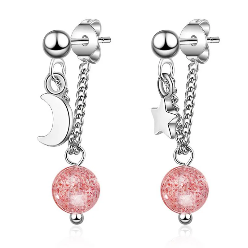 

Romantic 925 Sterling Silver Earrings Girl Jewelry Asymmetry Crystal Pink Round Star Moon Earring For Women Valentine's day Gift