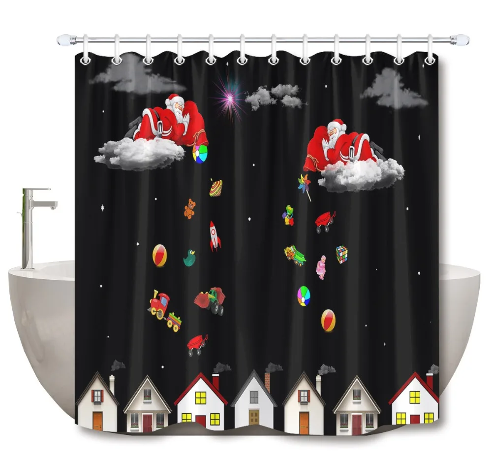 LB Christmas Black Shower Curtains Santa Claus & Gifts at Night