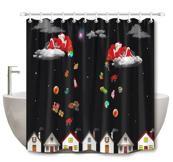 

LB Christmas Black Shower Curtains Santa Claus & Gifts at Night Bathroom Curtain Waterproof Polyester Fabric For Bathtub Decor