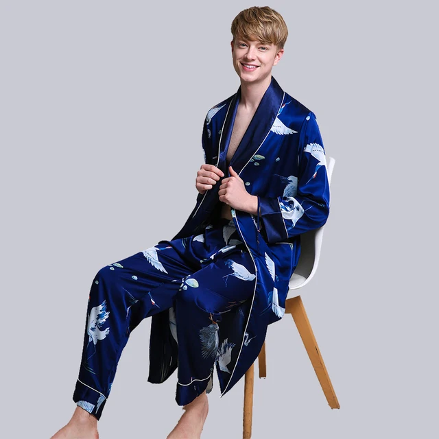 Two Pieces Silk Nightgown Satin male Sleepwear Loose Tiger Dress Silky Long Sleeve Robe and Long