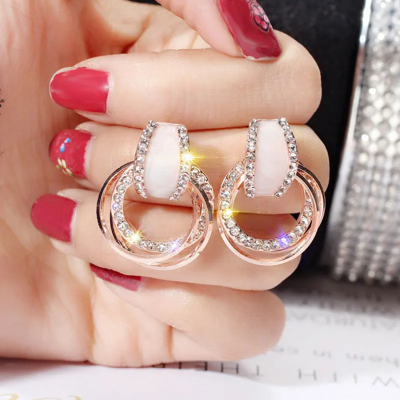 

USTAR Crystals Round Stud Earring for Women Cubic Zirconia Fashion Jewelry wedding Earrings female Ear brincos gifts accessories