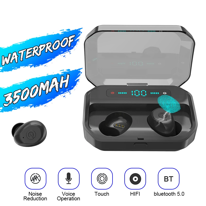 

CVC 8.0 bluetooth 5.0 TWS Wireless Earbuds Smart for Touch IPX7 Waterproof Stereo Earphone 3500mAh Power Bank Wireless Earphone