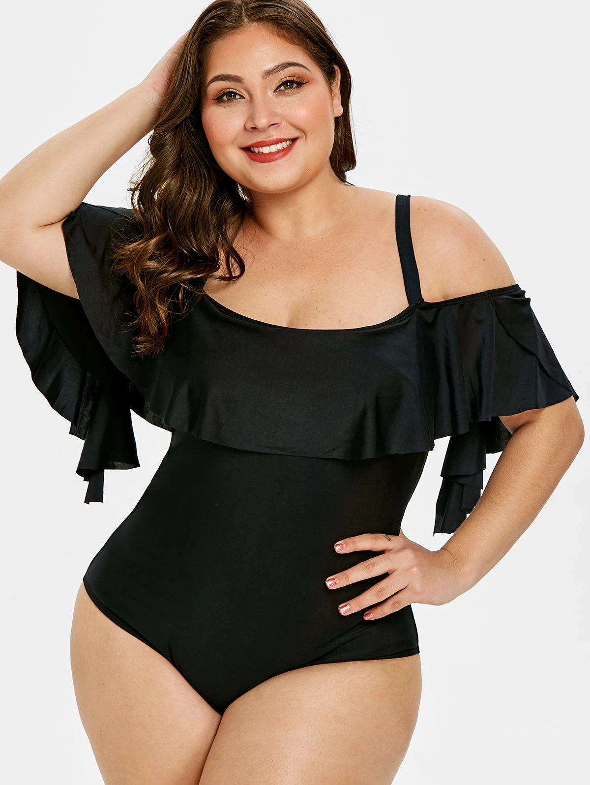 Plus Size Back Cut Out Ruffle Embellished Swimwear Solid One Piece
