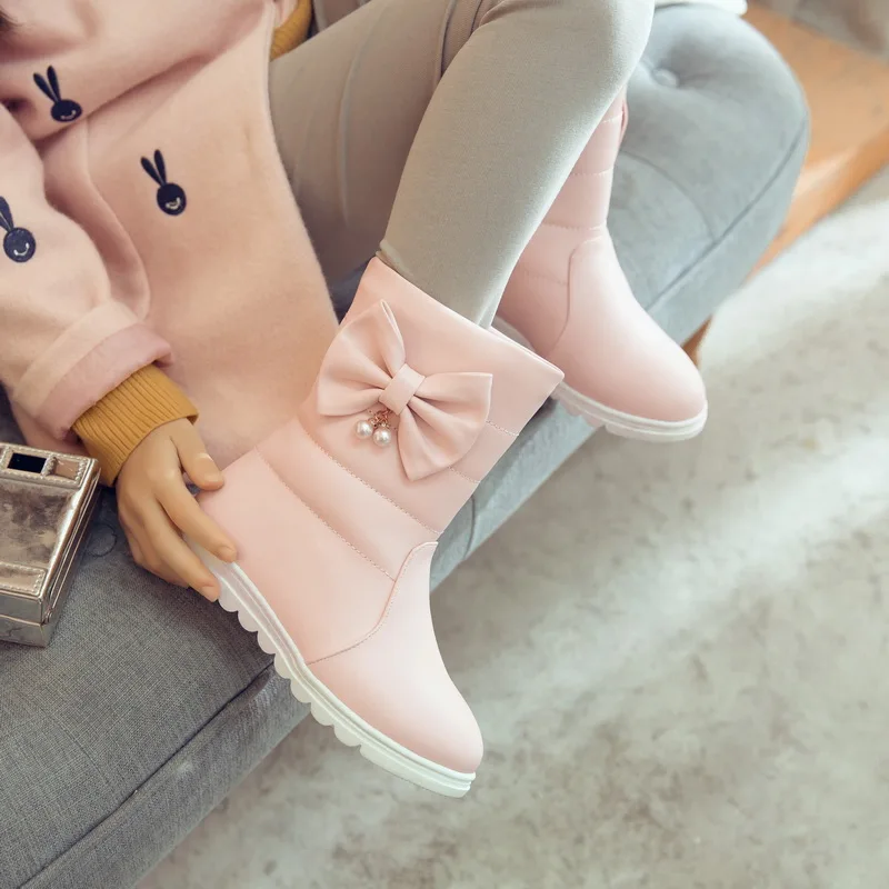 Pink Sialia/зимние ботинки для девочек; детская обувь; слипоны с бантиком-бабочкой до середины икры; chaussure fille botas nino - Цвет: Pink