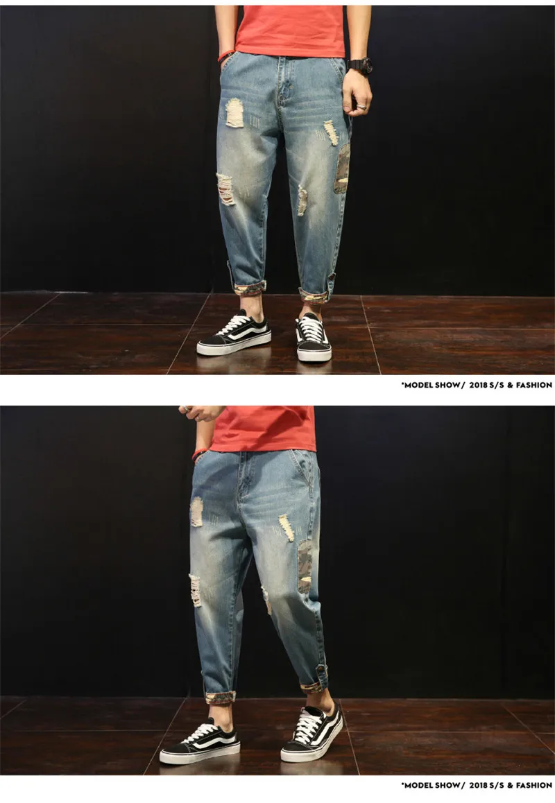 Fashion Patchwork Ripped Men\'s Jeans Boys Loose Casual Holes Ankle-Length Harem Pants Jeans Trousers Large Size (1)