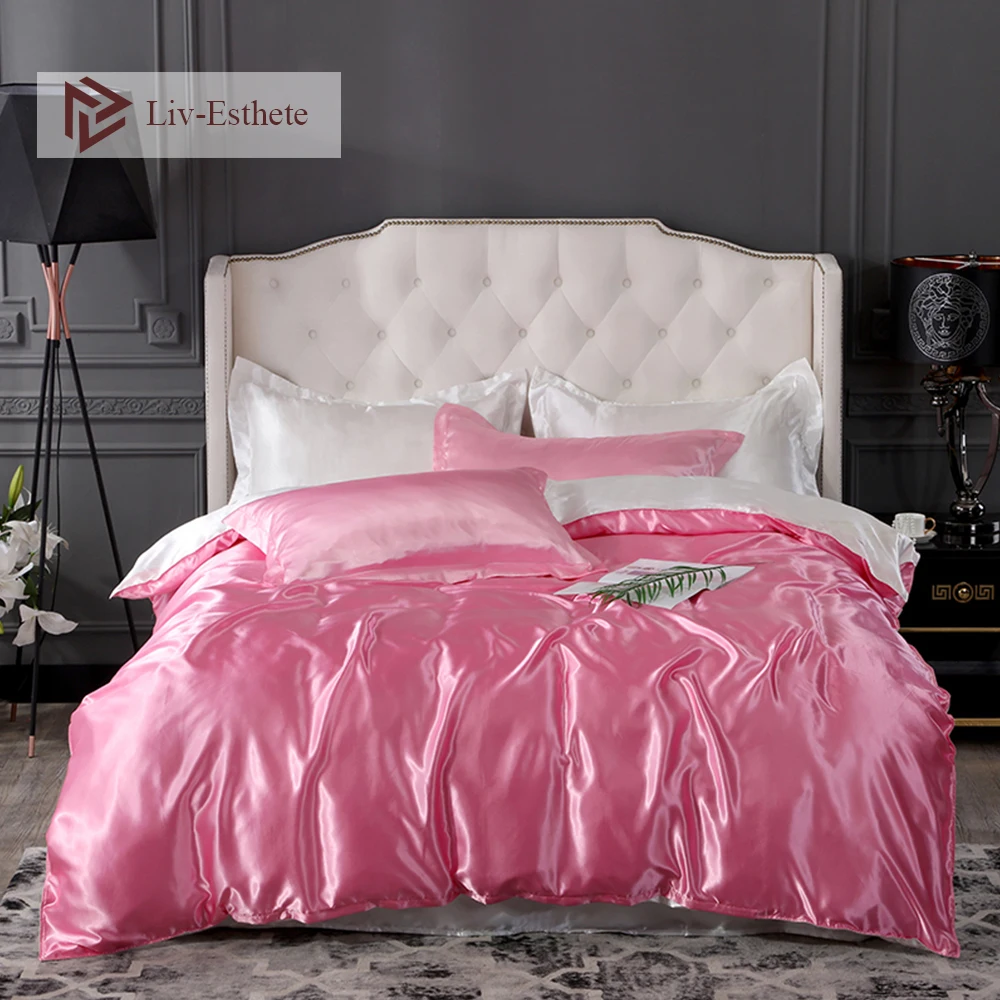 

Liv-Esthete Wholesale Pink White Luxury Silk Bedding Set Silky Duvet Cover Flat Sheet Pillowcase Home Textile Queen King Bed Set