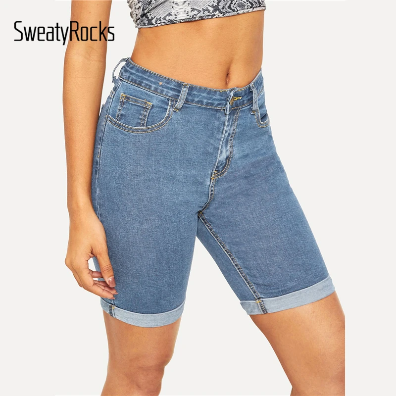 SweatyRocks, джинсовые шорты с голубыми пуговицами спереди, женская уличная одежда, повседневные эластичные шорты, летние однотонные обтягивающие шорты