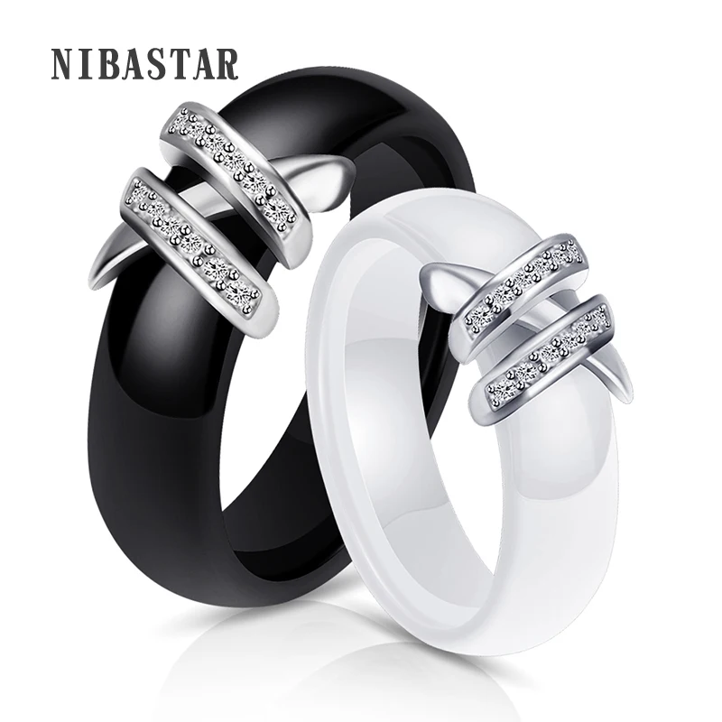 

Best 6mm High Quality Black And White Simple Style Two Line Crystal Ziron Ceramic Rings For Women Fashion Jewelry Gift