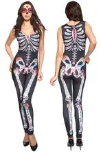 Women Fancy Cosplay Sugar Skull Adult Womens Halloween Catsuit Costume Rompers Jumpsuit Overall Bodysuit Macacao Feminino LC8854