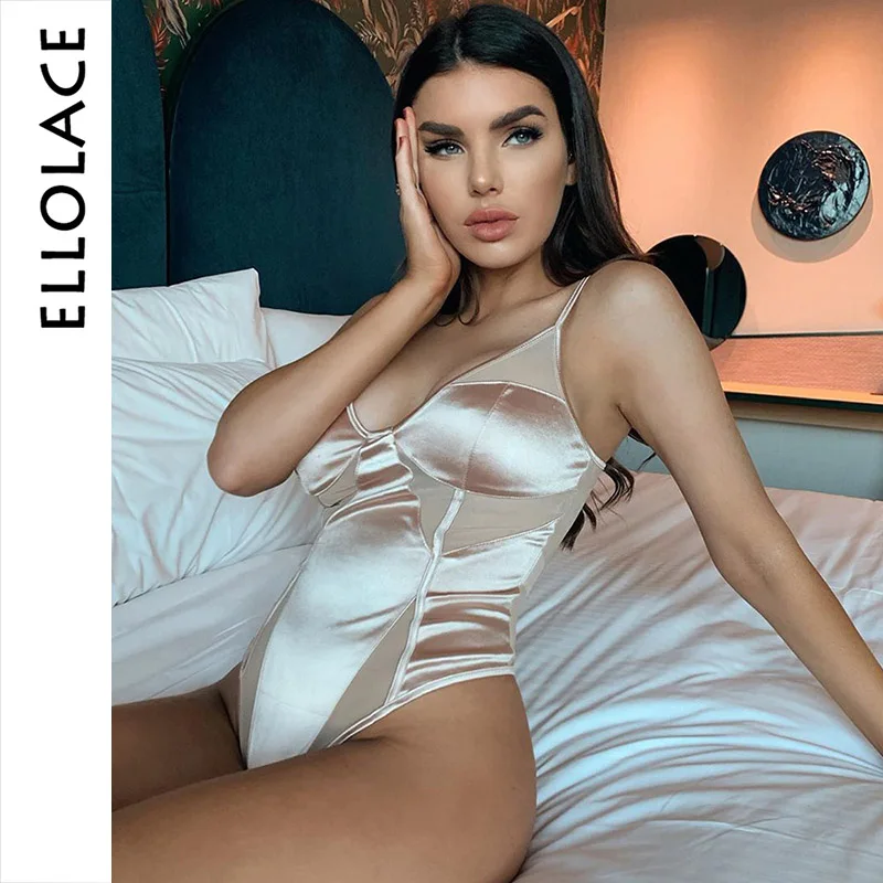 

Ellolace Sexy Sertin Elegant Bodysuit Women Deep-V Rompers Backless Mesh Patchwork Transparent Bodys Overalls Bodycon Overalls