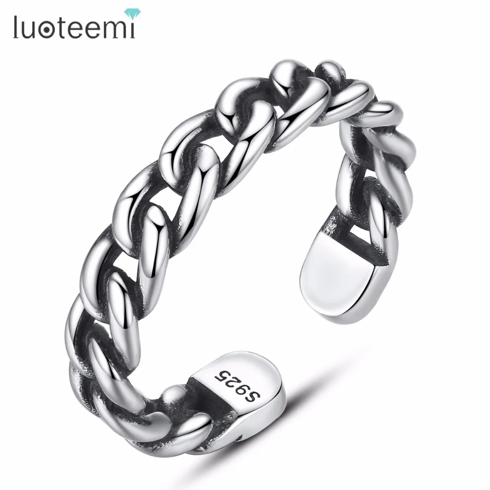 

LUOTEEMI Ring 100% 925 Sterling Silver Interlocking Shape Open Ended Resizable Thai Silver Handmade Men And Women Personality