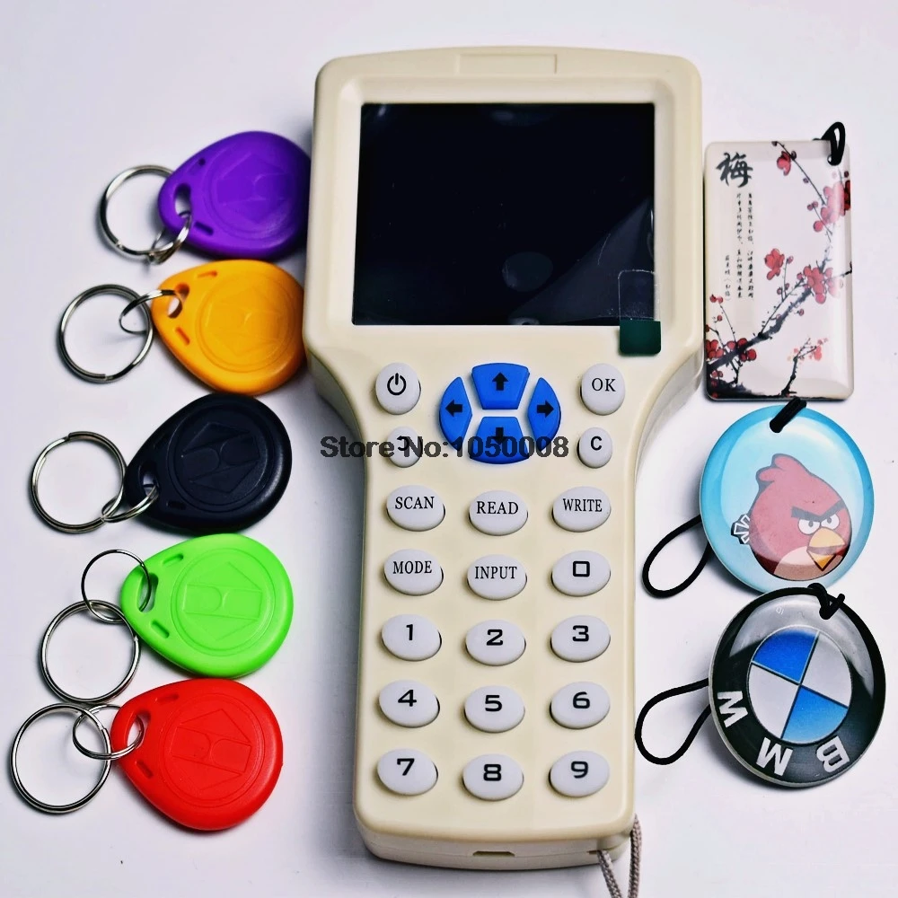 

English 10 Frequency Copier RFID NFC Encrypted Cloner Reader Writer+3pcs 125khz Rewritable T5577 Epoxy Tags+5pcs T5577 Keys