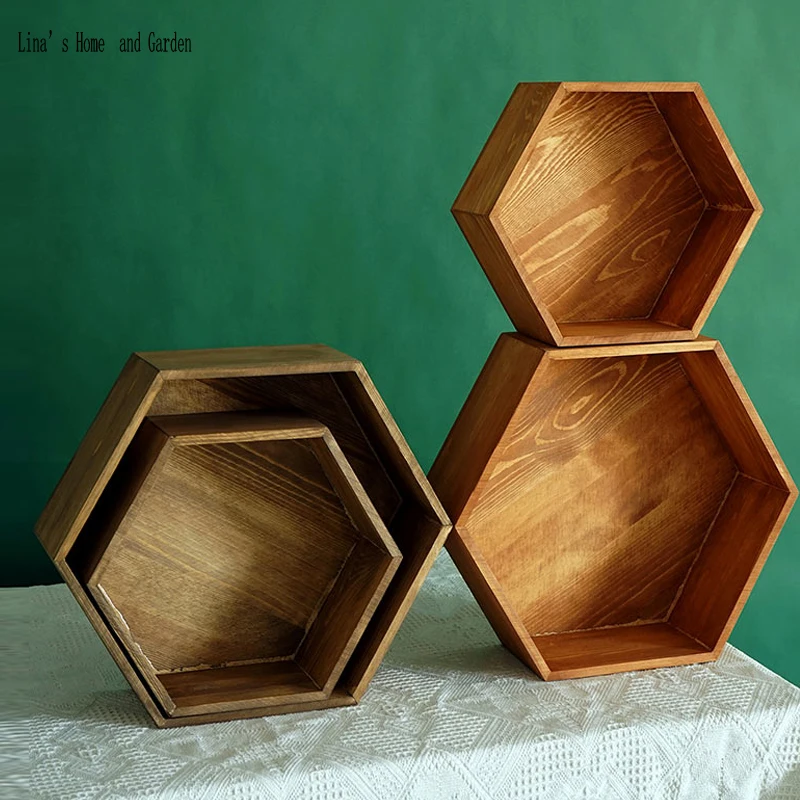 

hexagon nature finish handmade pine solid wood shelf