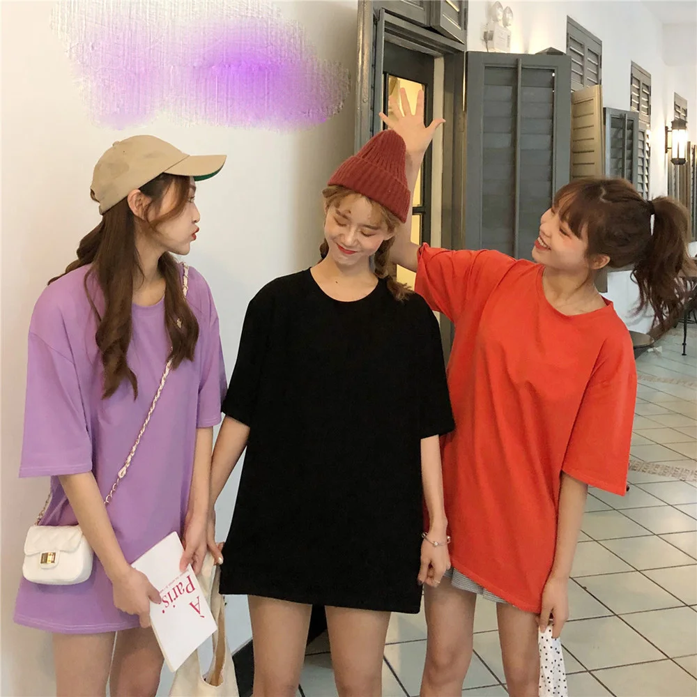 

2019 New Women BF Style T-Shirts Summer Casual Short Sleeve T Shirts Female Solid Plus Size Tops Cotton O-Neck Tee Shirt 9 Color