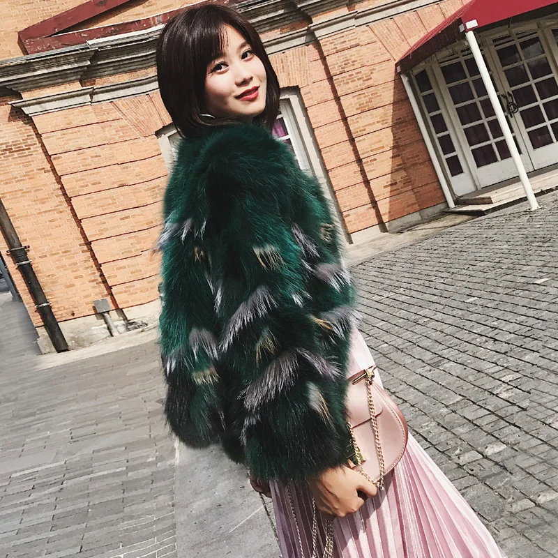 Contrast color natural fox fur jackets women O neck short style real silver coats 2018 autumn winter new arrival | Женская одежда