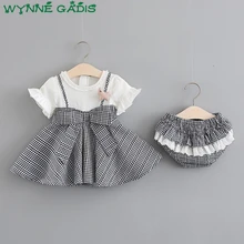 Летнее платье принцессы в клетку с короткими рукавами и бантом для дня рождения; платье для малышей; плиссированное платье-пачка для девочек+ шорты
