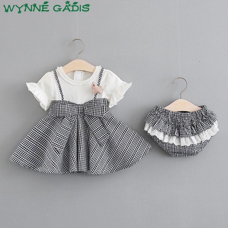 

Summer Short Sleeve Plaid Print Princess Bow Birthday Party Kids Baby Dress Girls Pleated Tutu Dresses + PP Shorts