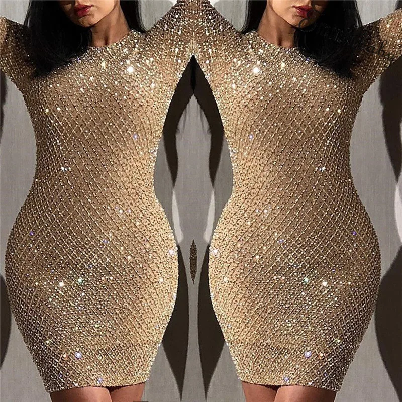 

New Sexy Women's Bodycon Gliter Long Sleeve Evening Party Midi Dress