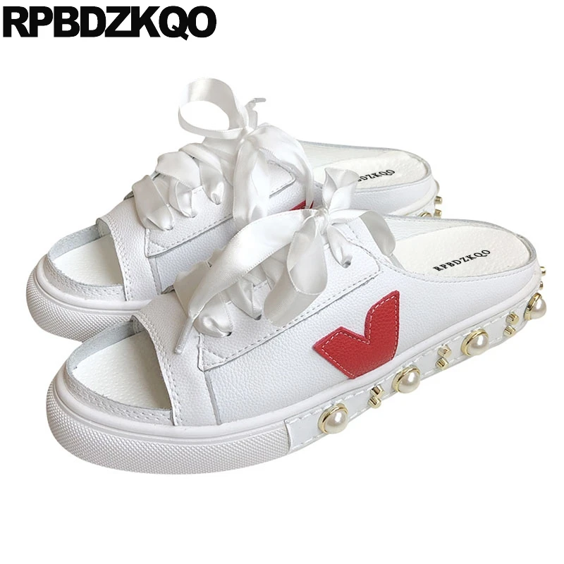 Famous Brand Peep Toe Shoes White Slip On Pearl Slides Stud Platform Women Sandals Flat Casual Lace Up Flatform Sneakers Rivet lace up flatform velvet sneakers