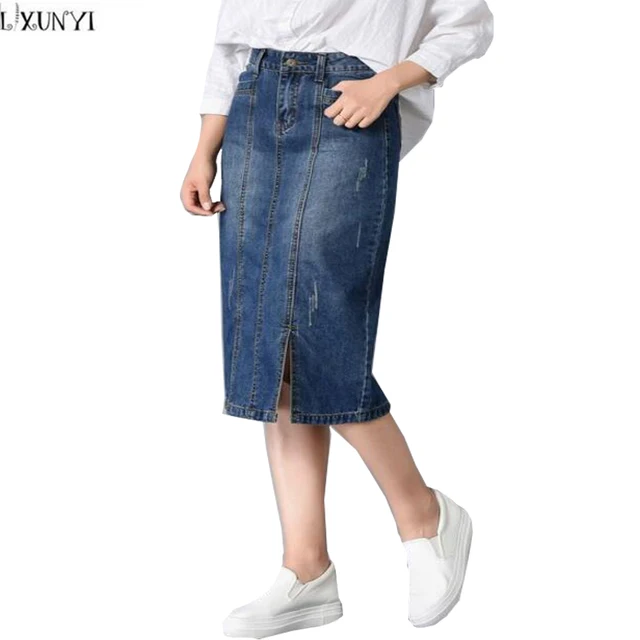 lxunyi high waist jeans skirt women autumn hot sale pencil denim jean skirts plus size