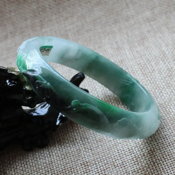 

5724 Chinese Hand-carved Emerald Green stoneite stone Gems Bracelet Bangle 57mm