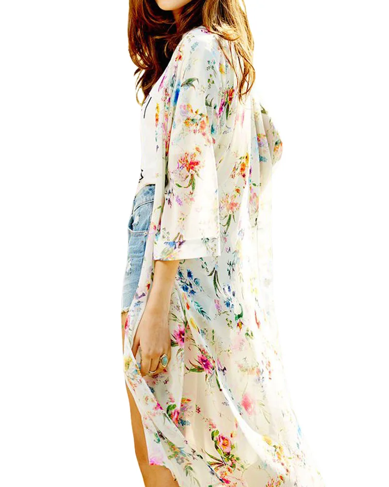 

Women Boho Chiffon Kimono Cardigan Cape Bikini Cover Up Floral Long Beach Robe Plage 5XL Blouse Top Black/Beige Saida De Praia