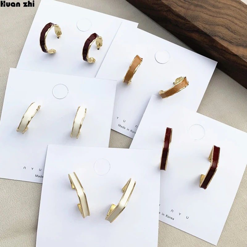 

HUANZHI Vintage Design S925 Sterling Silver Pin Enamel Irregular Geometric Circle Square C Shape Big Hoop Earrings for Women Gir