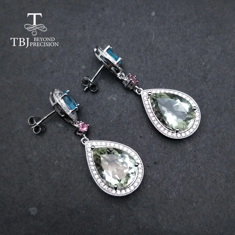 Женские вечерние серьги TBJ Серебристые с натуральным prasiolite зеленый аметист