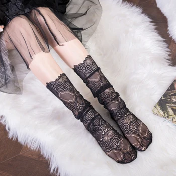 

Fashion Women Retro Soft Socks Elastic Sexy Mesh Summer Floral Lace Out Middle Tube Socks Black/White #137